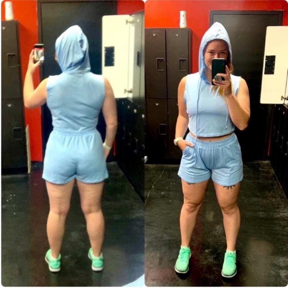 NWOT Blue hooded crop top vest and shorts with pockets workout lounge set